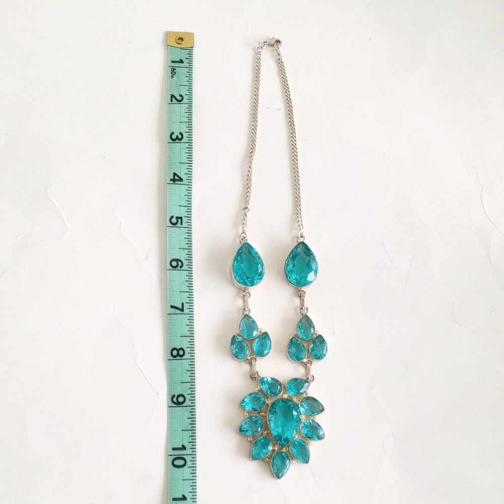 Blue Turquoise Necklace with Ornate Pendant and Silver Chain